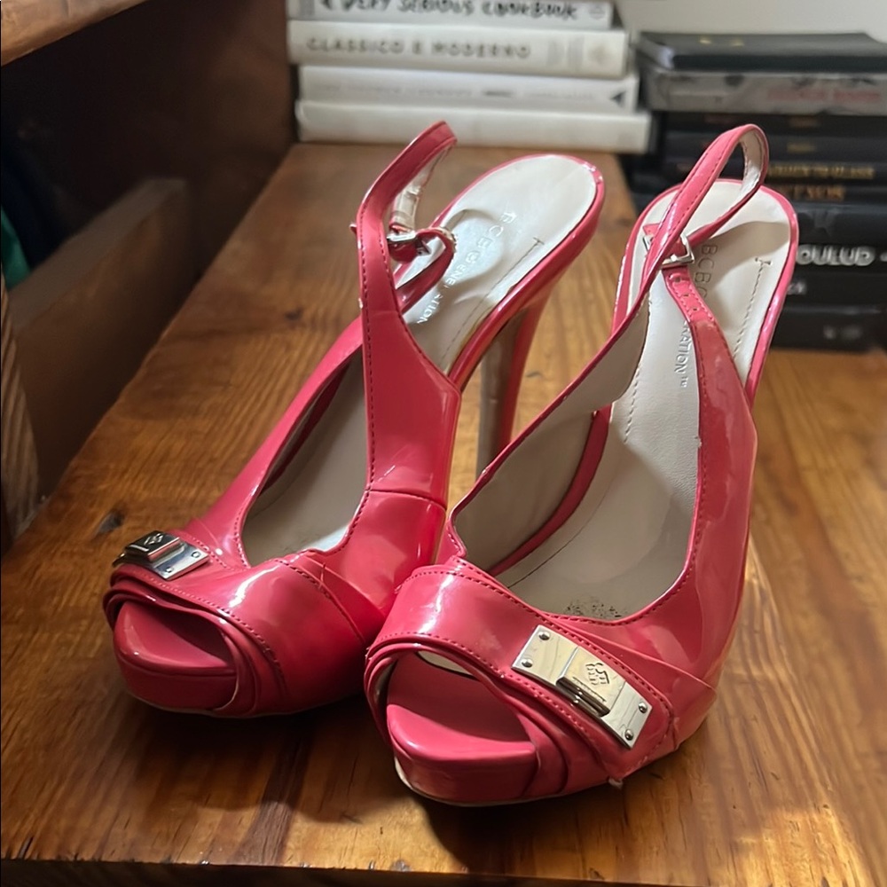 BCBGeneration Pink Peep-Toe Slingback Heels with Bow